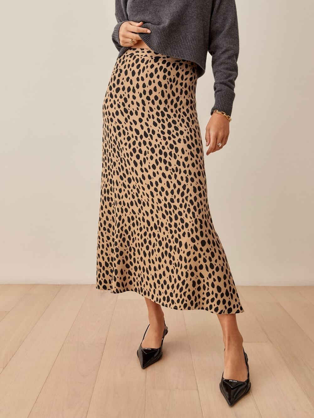 Reformation Bea Brown Silk Satin Leopard Print Midi Straight Pencil Slip Skirt 0